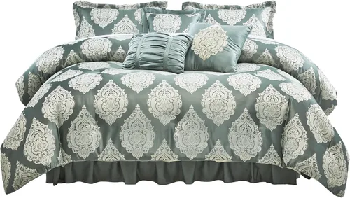 Miniatura 3 de Sterling Creek Trinity - Juego de edredón de lujo de 7 piezas, edredón tradicional de medallón jacquard gris y verde con cojines decorativos