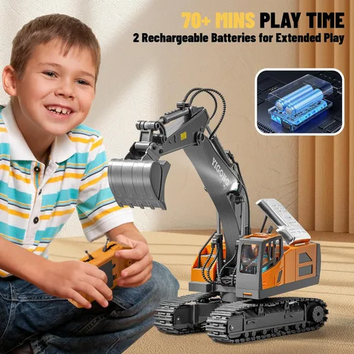 Miniatura 8 de Excavadora de juguete a control remoto, excavadora de construcción RC de 11 canales con pala de metal, luces y sonidos, excavadora todoterreno