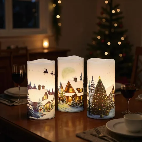Miniatura 5 de GenSwin Velas de Navidad sin llama con temporizador remoto, juego de 2 velas LED de Navidad que funcionan con pilas con casa de nieve, Papá Noel