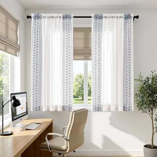 Miniatura 5 de jinchan Cortinas traslúcidas para sala de estar, dormitorio, cortinas azules bohemias bordadas, cortinas de gasa bohemias de 63 pulgadas de largo