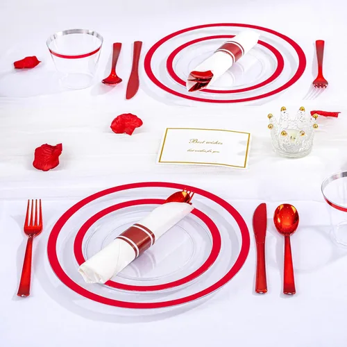 Miniatura 8 de I00000 Juego de vajilla roja de 350 piezas para 50 invitados, 50 platos de cena y 50 platos de postre, 50 tazas, 50 servilletas preenrolladas