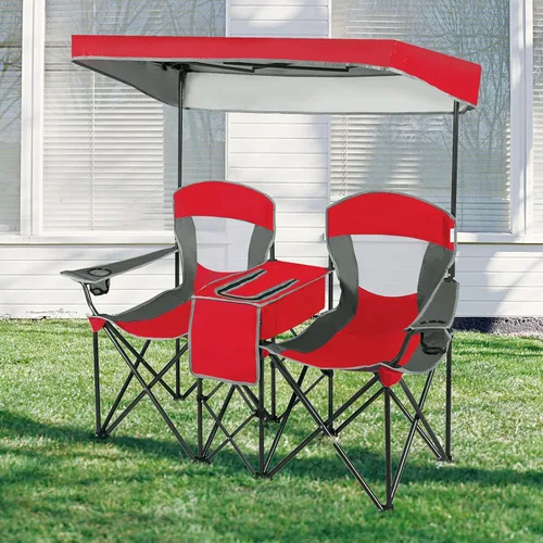 Miniatura 7 de GYMAX Silla de campamento doble, silla de playa con toldo y protección UV ajustable, refrigeradora, portavasos y bolsa de transporte, silla plegable