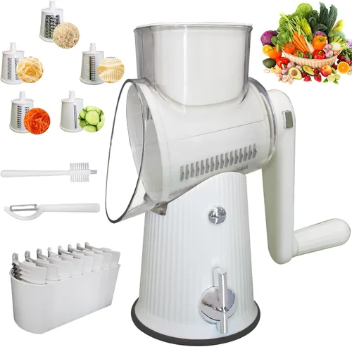 Rallador de queso giratorio 5 en 1, cortador de verduras, picador de mandolina de tambor para cocina, fácil de limpiar con recipiente de Blanco