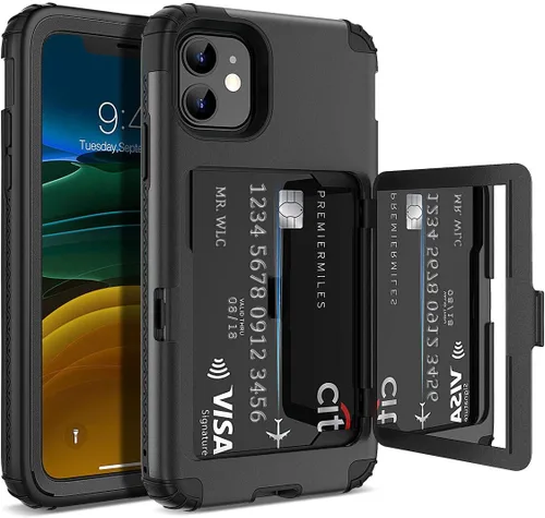 Miniatura 8 de WeLoveCase para iPhone 11 Estuche tipo billetera Defender con portatarjetas, cubierta con espejo oculto, tres capas, a prueba de golpes, protección