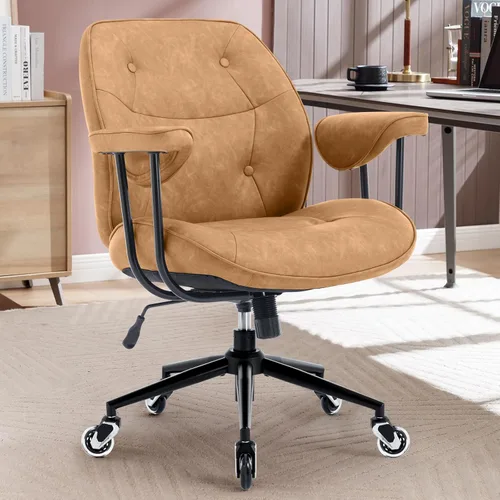 Miniatura 11 de Silla de escritorio de oficina en casa, silla retro de piel sintética con soporte lumbar y ruedas de goma, silla ergonómica de computadora