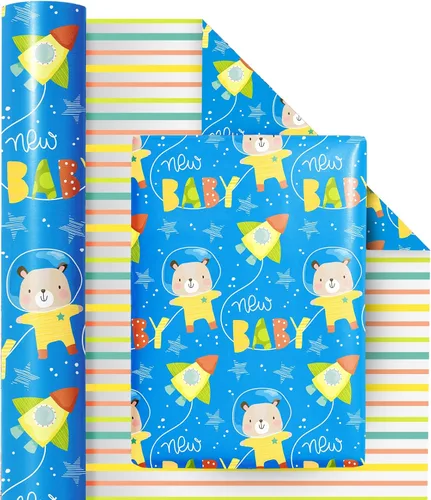 Miniatura 17 de RUSPEPA Rollo de papel de regalo reversible, rollo jumbo, conejo lunar y patrón de puntos para envoltura de regalos neutros de bebé, fiesta