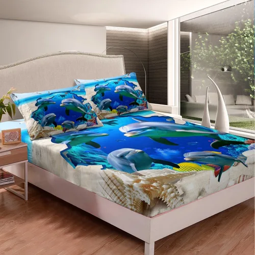 Miniatura 2 de Erosebridal Sábana bajera ajustable con diseño de delfín, diseño de playa oceánica, tamaño individual para niños, niñas, adolescentes, juego de ropa