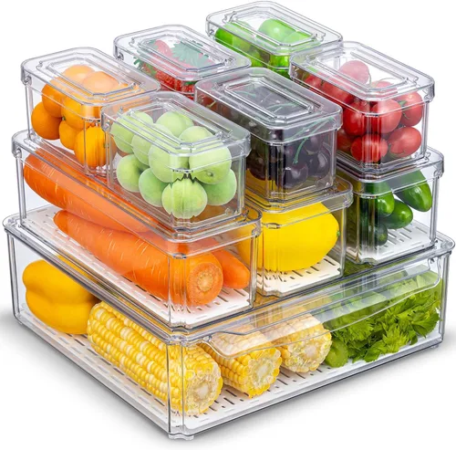 KUMD Paquete de 10 contenedores organizadores transparentes para refrigerador con tapas, contenedores apilables para refrigerador, sin BPA con