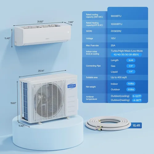 Miniatura 8 de ROVSUN Aire acondicionado y calentador mini split habilitado para Wifi de 9000 BTU con inversor, 20 SEER2 de ahorro de energía 115 V, unidad de CA