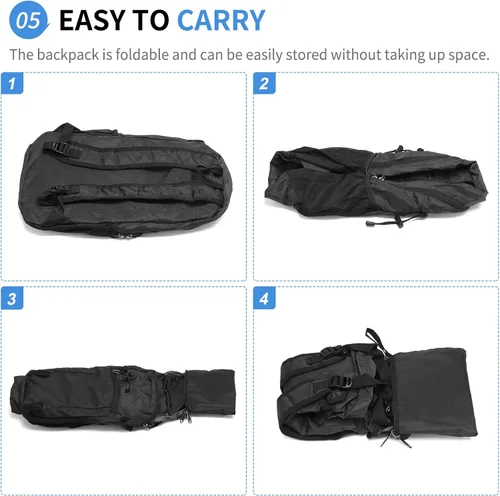Miniatura 6 de Mochila de senderismo plegable, mochila de camping resistente al agua, ligera de poliéster para hombres, mujeres, viajes al aire libre Negro