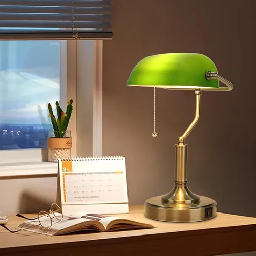 Miniatura 7 de LINNMON Bankers - Lámpara de escritorio verde con interruptor de cadena de tracción, lámpara retro con puertos de carga USB y tipo C, lámpara
