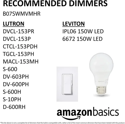 Miniatura 6 de Amazon Basics - Bombillas LED A19, equivalente a 60 vatios, 9W de eficiencia energética, base estándar E26, color blanco suave 2700K, regulable