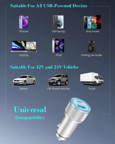 Miniatura 7 de Cargador rápido para automóvil para iPhone, 48 W, puerto dual USB C, adaptador de automóvil de metal con 2 cables Lightning, PD/QC 3.0 tipo C, carga