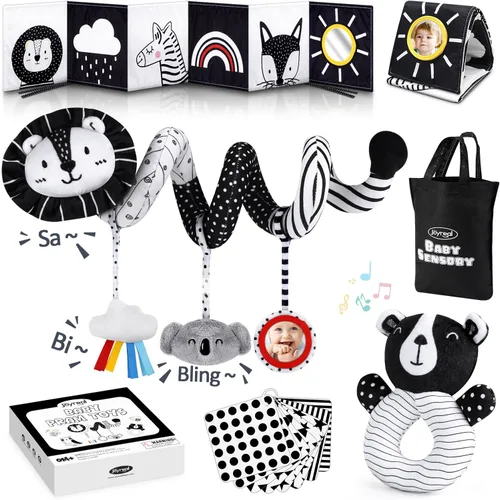 Joyreal Juguetes sensoriales de alto contraste para recién nacidos, juguetes sensoriales para bebés en blanco y negro con juguetes para asiento de