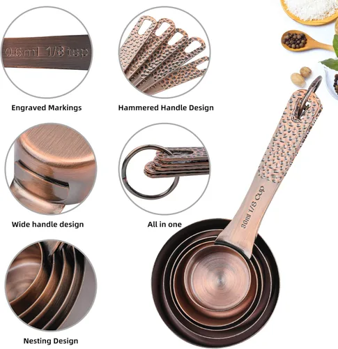 Miniatura 3 de Juego de tazas y cucharas medidoras de cobre para hornear y cocina, juego de tazas y cucharas medidoras de acero inoxidable, 5 tazas medidoras secas