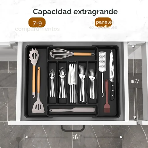 Miniatura 2 de ukeetap Organizador de cubiertos expandible extragrande, sin BPA, apto para alimentos, organizador de cajones de utensilios de cocina, soporte Negro