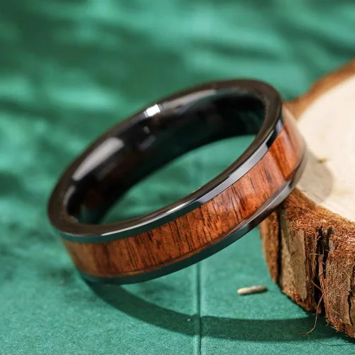 Miniatura 13 de THREE KEYS JEWELRY 6,8mm Black/White Ceramic Wedding Ring with Real Koa Wood Inlay Flat Top Wedding Band Engagement Ring Comfort Fit Size 4-16