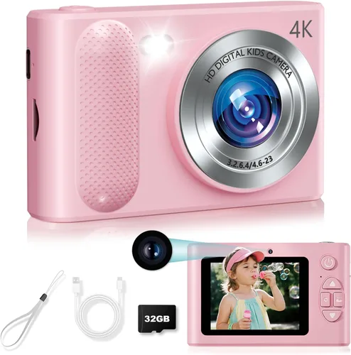 Cámara digital, cámara para niños de 48 MP 1080P de doble lente Cmopact con luz de relleno, cámara portátil con tarjeta SD de 32 GB, cámara digital