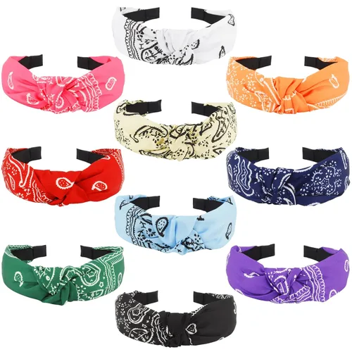 Miniatura 10 de Jaciya 10 Pack Paisley Bandana Knotted Headbands Turban Style Hair Bands Non-Slip Retro Head Wraps for Adult Women Casual Daily Outfit & Streetwear
