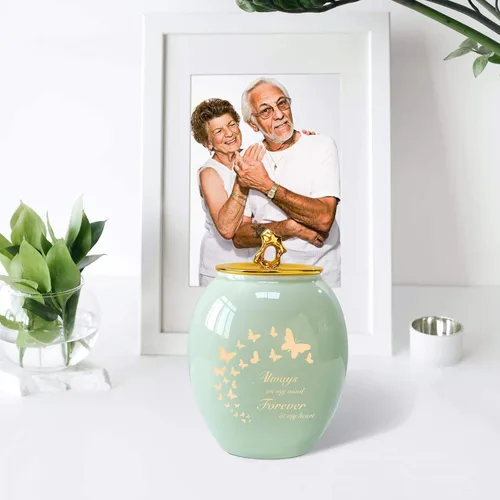Miniatura 6 de Urna de mariposa mediana para cenizas humanas hembra/mujer/mamá/madre Green Ceramics Decorative Urns for Human Ashes,Memorial Urn with Velvet Bag