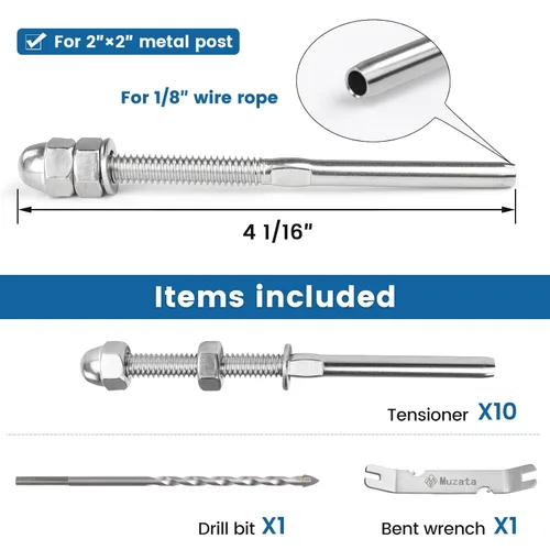 Miniatura 29 de Muzata Paquete de 10 accesorios de barandilla de cable negro de 1/8 pulgadas, tensor roscado a mano para poste de metal de 2 x 2 pulgadas, sistema
