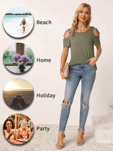 Miniatura 6 de NILOUFO - Blusas de verano para mujer manga corta tiras y hombros descubiertos