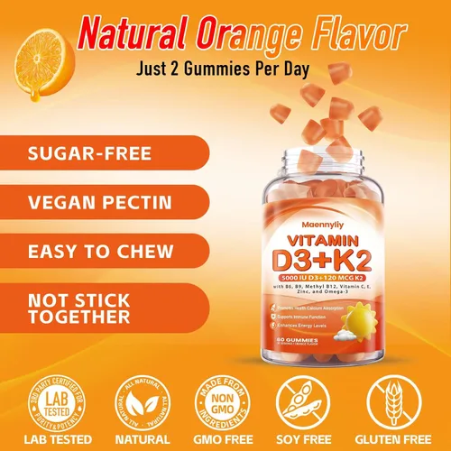 Miniatura 7 de Gomitas de vitamina D3 K2 para adultos – Vitamina D3 5000IU + K2 (MK-7) 120mcg – Suplementos D3 y K2 sin azúcar con omega-3, metilo B12, B9, B6