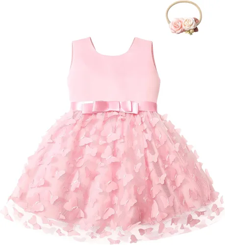 Qaoerde Baby Flower Girl Dress with Headband,Bowknot V-Back Baby Girl Tutu Dresses for Wedding Birthday Party Holiday