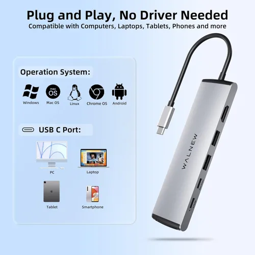 Miniatura 7 de Hub USB C, WALNEW 7 en 1, estación de acoplamiento USB-C con HDMI 4K, 100 W PD, 3 puertos de datos de 5 Gbps (1 USBC y 2 USB 3.0), lector de Plateado