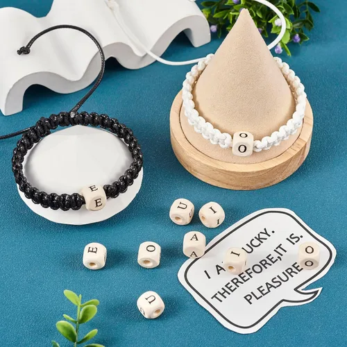 Miniatura 3 de KISSITTY 250 cuentas de madera con letras vocales de 0.472 pulgadas, cubo A E I O U inicial del alfabeto con agujero grande, cuentas espaciadoras