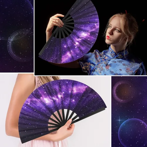Miniatura 4 de Queekay 2 ventiladores de mano plegables rave para baile de línea para mujer, galaxia satinada, ventilador decorativo de mano grande con funda