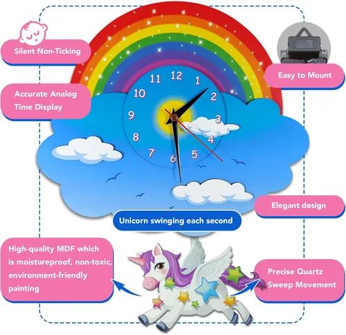 Miniatura 3 de Reloj de pared con péndulo de unicornio y arco iris, vista tridimensional, reloj oscilante analógico para niños, madera MDF 3D, para dormitorio