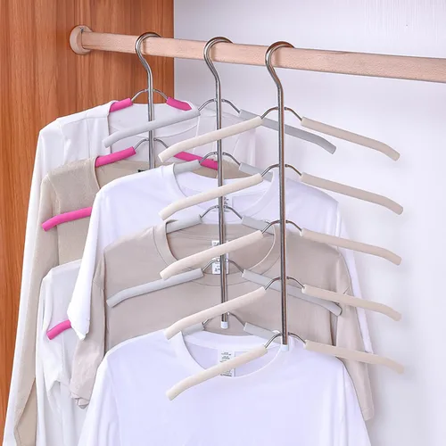 Miniatura 2 de Paquete de 3 perchas para blusas 5 en 1 que ahorran espacio, perchas acolchadas antideslizantes con brazo oscilante, acero inoxidable resistente