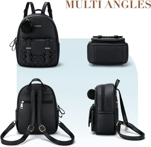 Miniatura 7 de Missnine Mini mochila para mujer, bonita mochila pequeña con pompón, de piel sintética, mini mochilas casuales para damas, 1-negro, Casual Chic