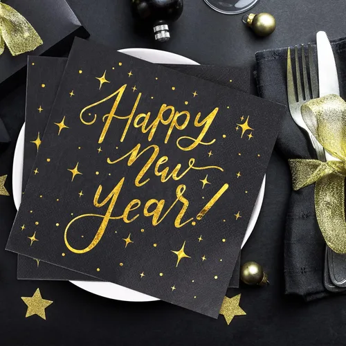 Miniatura 7 de Waline - 80 servilletas de papel desechables de papel de Año Nuevo, color negro y dorado, servilletas de cena para Nochevieja, suministros de fiesta