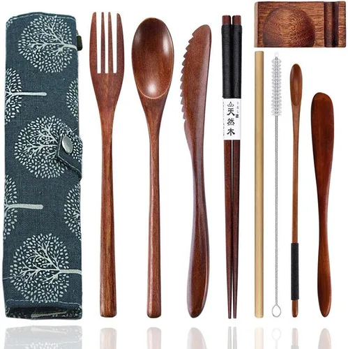 Miniatura 8 de Utensilios de madera reutilizables para comer, 8 piezas de cucharas de madera de viaje, tenedores, palillos, juego de cubiertos con estuche