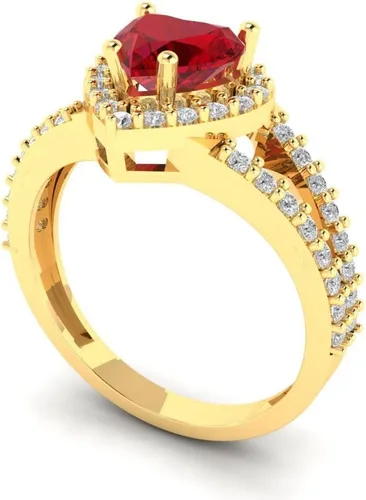 Miniatura 2 de Clara Pucci Anillo de compromiso de rubí rojo simulado con halo solitario de corte en corazón de 1.69 quilates, oro amarillo de 14 k