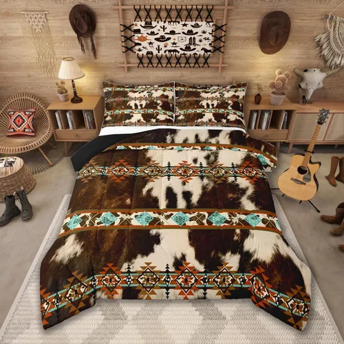 Erosebridal Juego de edredón de cuero de vaca marrón con estampado de vaca Highland, juego de ropa de cama occidental con funda nórdica azteca
