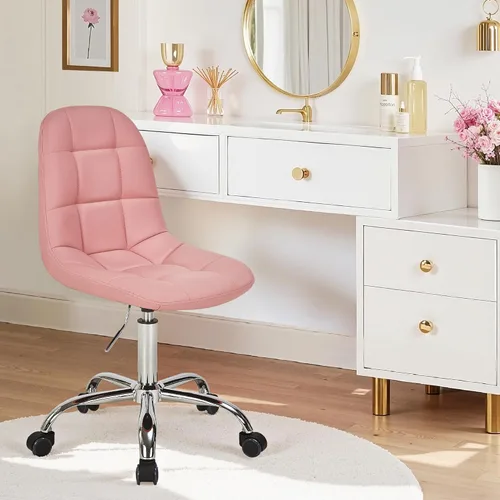 Miniatura 12 de VECELO Silla de escritorio suave, asiento de tocador elegante y casual, sin brazos con cómodo soporte lumbar, cuero PU ajustable en altura, giro