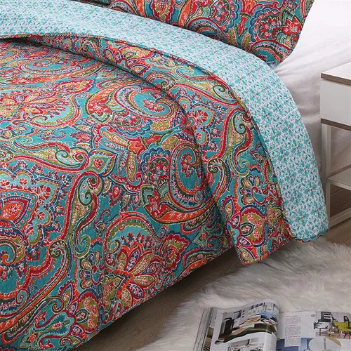 Miniatura 4 de Newrara Jacquard estilo algodón 3 piezas patchwork colcha Boho edredón juegos Queen (rojo)