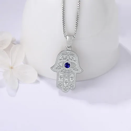 Miniatura 46 de Aniu Joyería de plata de ley 925 Hamsa de Fátima para mujer con circonita cúbica, viene con caja de regalo negra