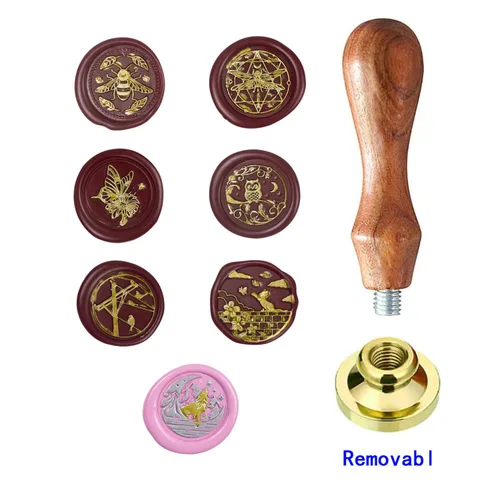 Miniatura 3 de Juego de sellos de cera de animales con 7 cabezas de latón extraíbles y 1 mango de madera, sello de cera retro para gatos, pájaros, mariposa, abeja
