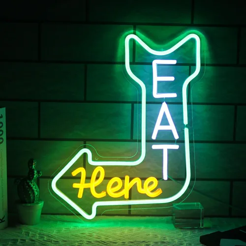 Letrero de neón con texto en inglés "Eat Here", para decoración de pared con orientación de flecha, verde, naranja, blanco, para comer, regulable,