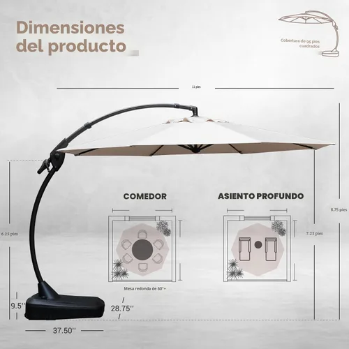 Miniatura 4 de Grand patio Sombrilla Cantilever de 11 pies con Base para Exteriores, Sombrilla Grande Redonda de Aluminio Descentrada para Patio, Jardín, Patio