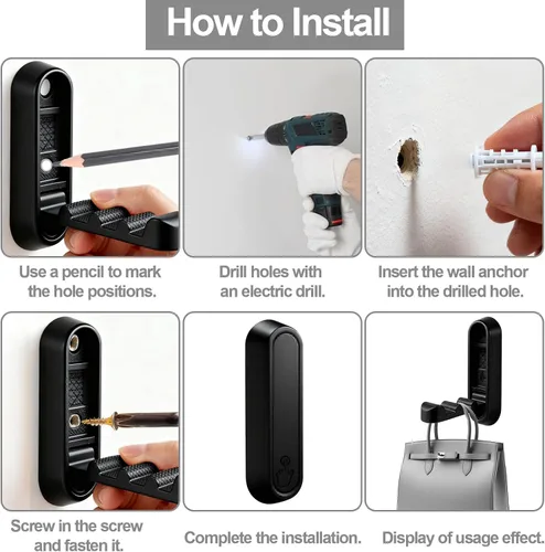 Miniatura 7 de Paquete de 4 ganchos plegables de pared, ganchos negros resistentes, ganchos plegables de aleación de zinc para colgar abrigos, sombreros, toallas
