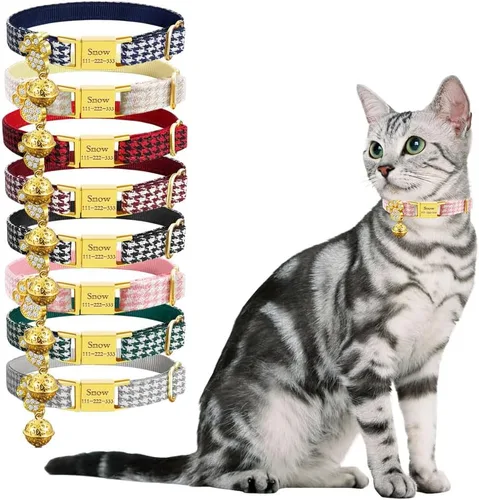 Miniatura 10 de Collar de gato personalizado con placa de nombre, collares ajustables de nailon resistente para identificación de gato con campana, personaliza