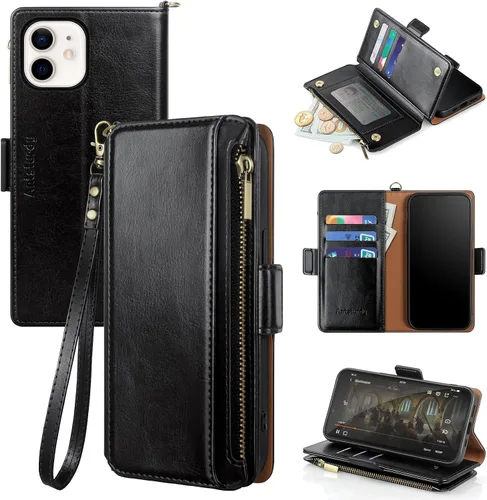 Miniatura 22 de Antsturdy Funda tipo cartera compatible con iPhone 12 Mini, funda de piel sintética con bloqueo RFID, funda para teléfono para mujeres y hombres