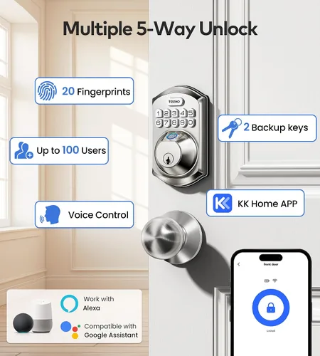 Miniatura 4 de TEEHO TE012W-K - Cerradura de puerta de entrada inteligente sin llave WiFi con asa, perilla de puerta de huellas dactilares y teclado digital