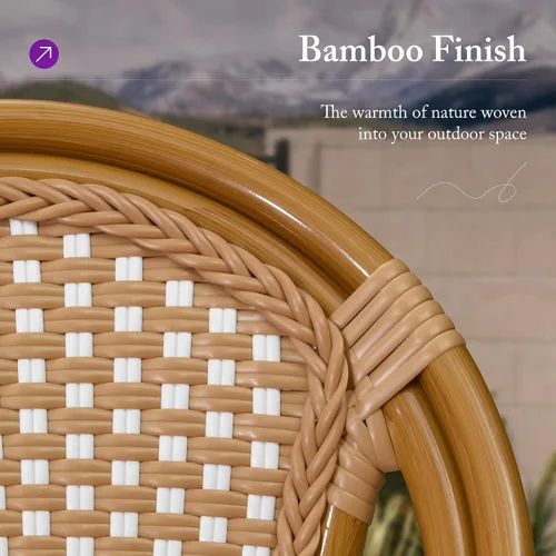Miniatura 5 de PURPLE LEAF Juego de 1 silla de comedor al aire libre, marco de aluminio francés en acabado de bambú con ratán tejido ámbar y blanco para cocina