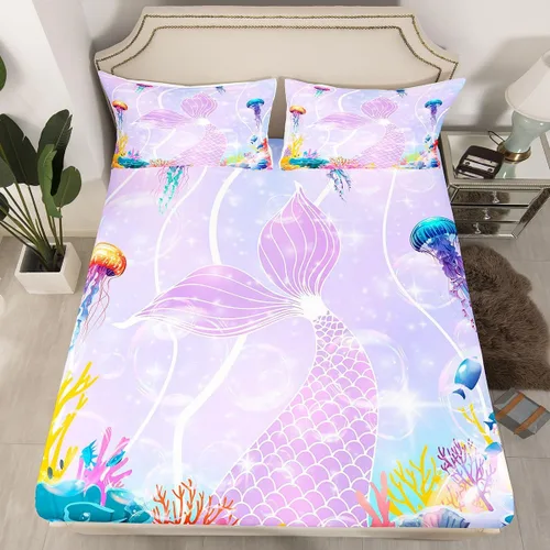 Miniatura 3 de Erosebridal Juego de sábanas tamaño individual de cola de sirena para niños, decoración de habitación de sirena, sábana bajera ajustable